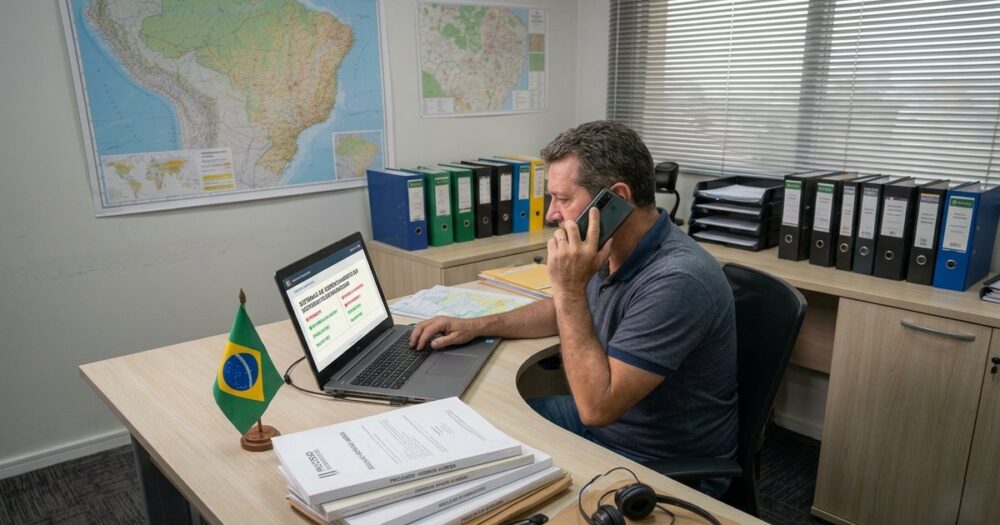Profissional consultando sistema de gerenciamento de risco com bloqueio de motorista exibido na tela do computador — Nobre Advocacia