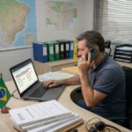 Profissional consultando sistema de gerenciamento de risco com bloqueio de motorista exibido na tela do computador — Nobre Advocacia