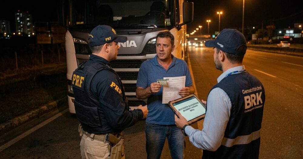 Motorista de caminhão Scania dentro da cabine recebendo mensagem de acesso negado pela gerenciadora de risco no celular — Nobre Advocacia
